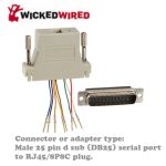 Used to adapt a male serial d sub 25 position (DB25) device to the network cable style RJ45/8P8C connector type